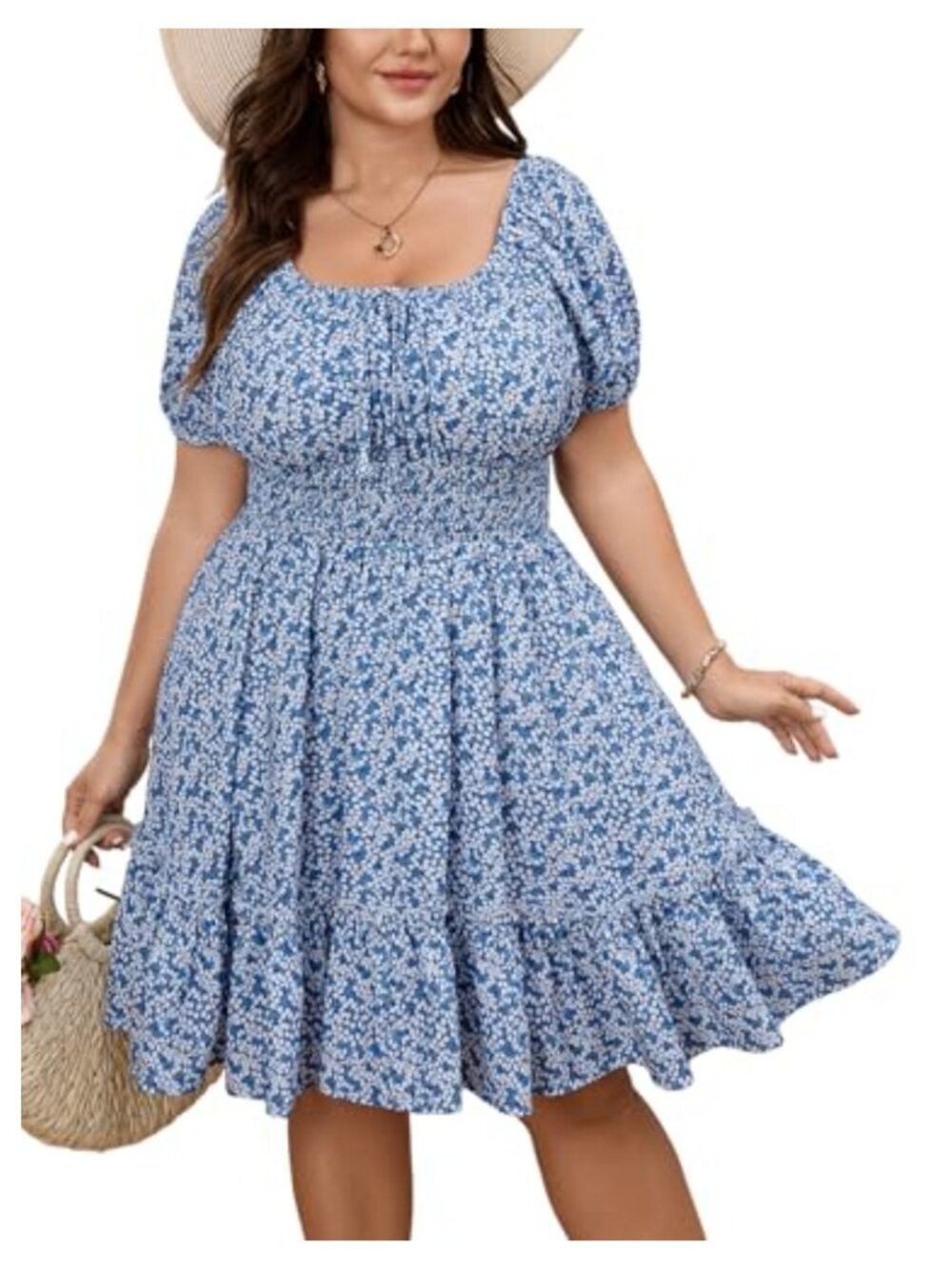 Plus Size Summer Mini Dress Square Neck Puff Sleeve Floral Boho A-Line